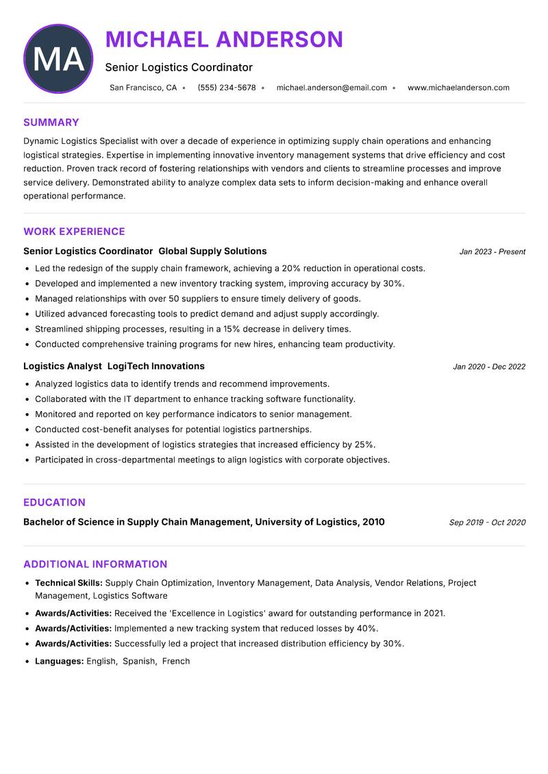 Logistics Specialist Resume Preview Example
