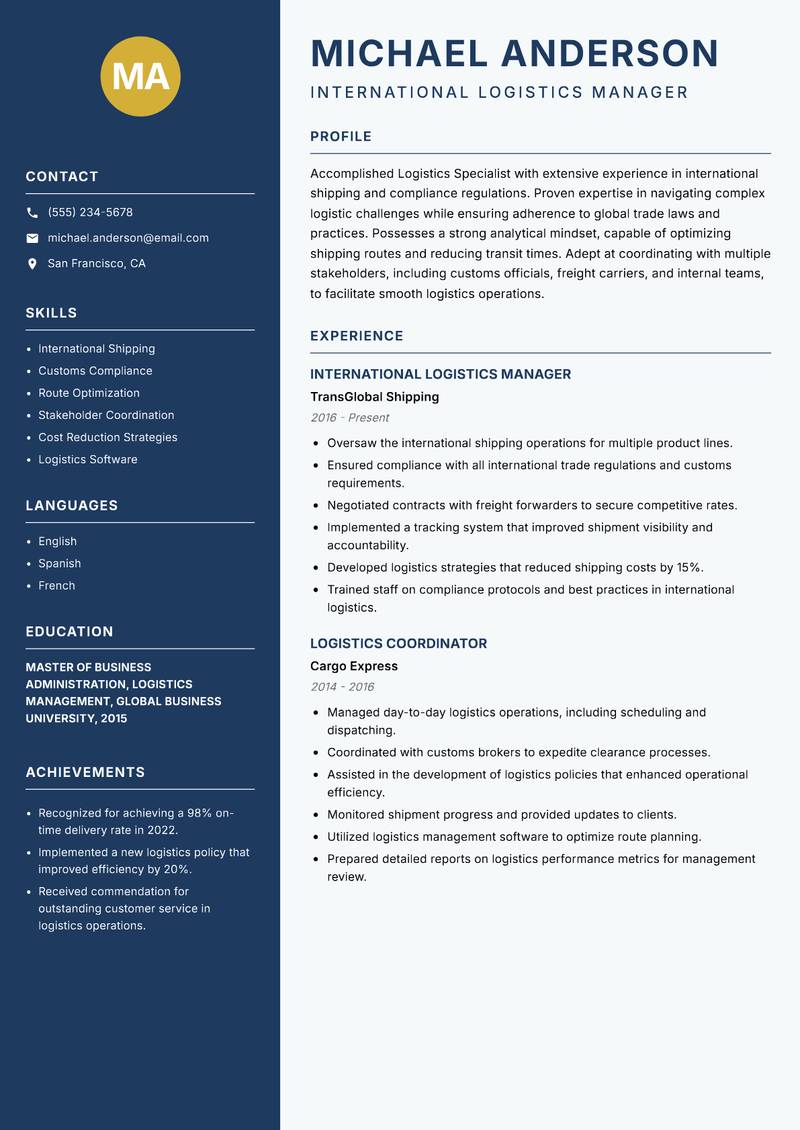 Logistics Specialist Resume Preview Example