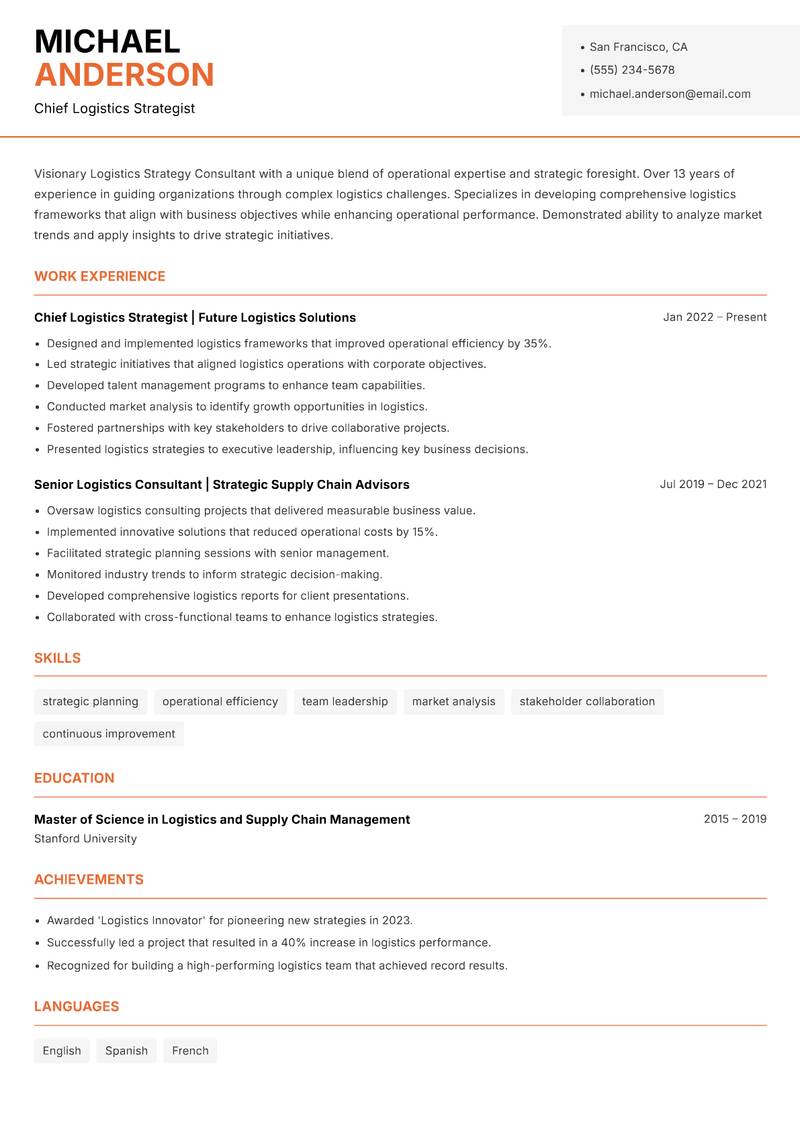 Logistics Strategy Consultant Resume Template