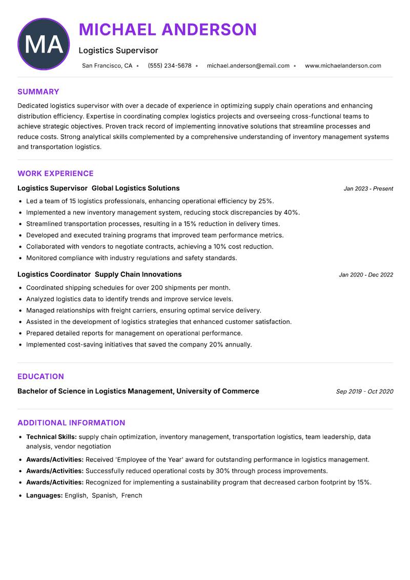 Logistics Supervisor Resume Preview Example
