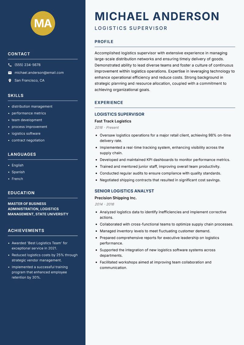 Logistics Supervisor Resume Preview Example