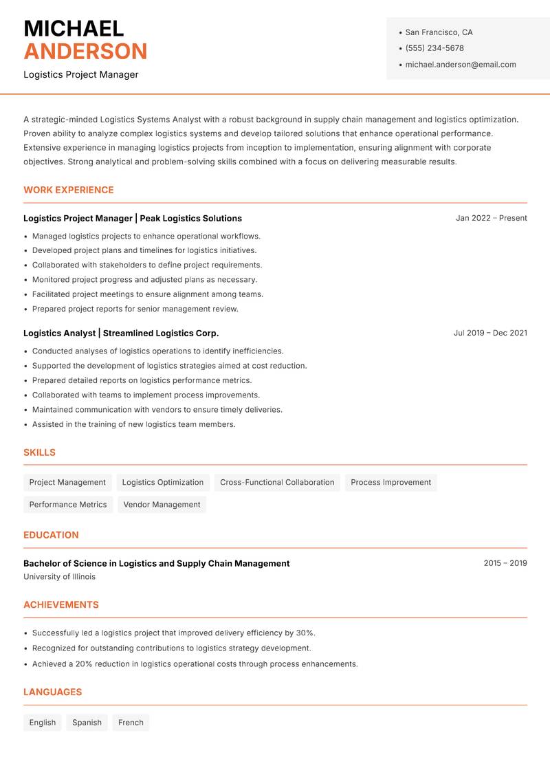 Logistics Systems Analyst Resume Template