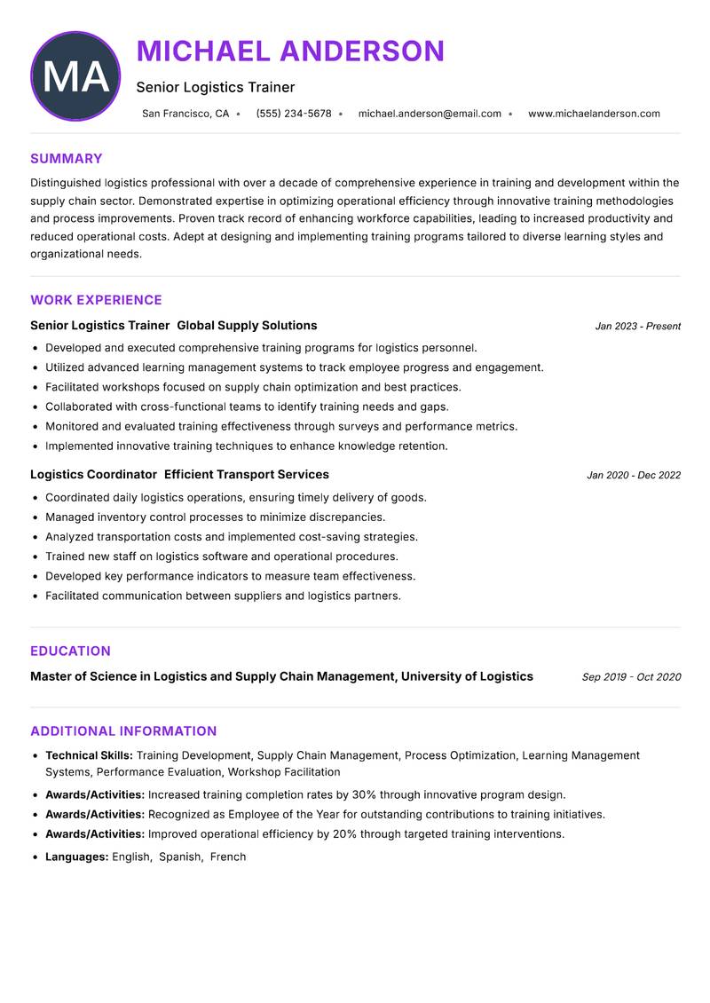 Logistics Trainer Resume Preview Example