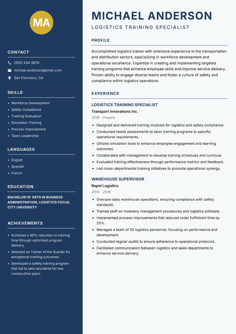 Logistics Trainer Resume Preview Example