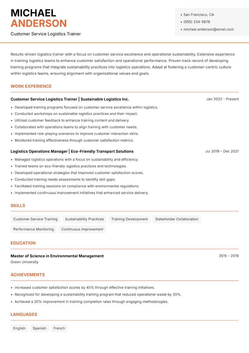 Logistics Trainer Resume Template