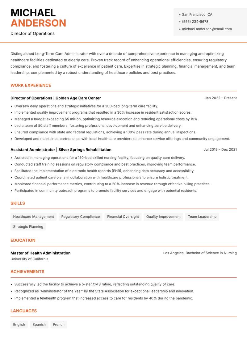 Long-Term Care Administrator Resume Template