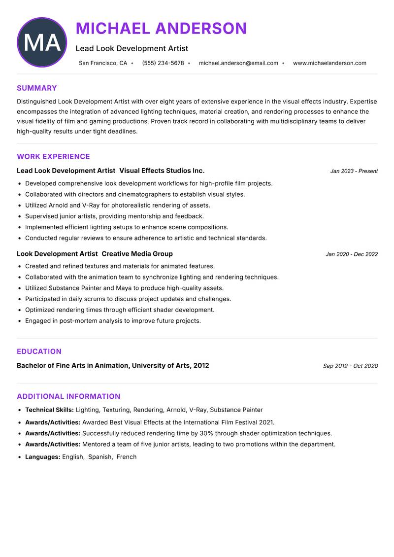 Look Development Artist Resume Preview Example