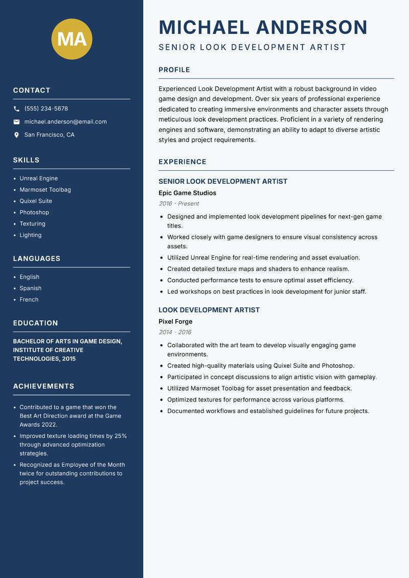 Look Development Artist Resume Preview Example