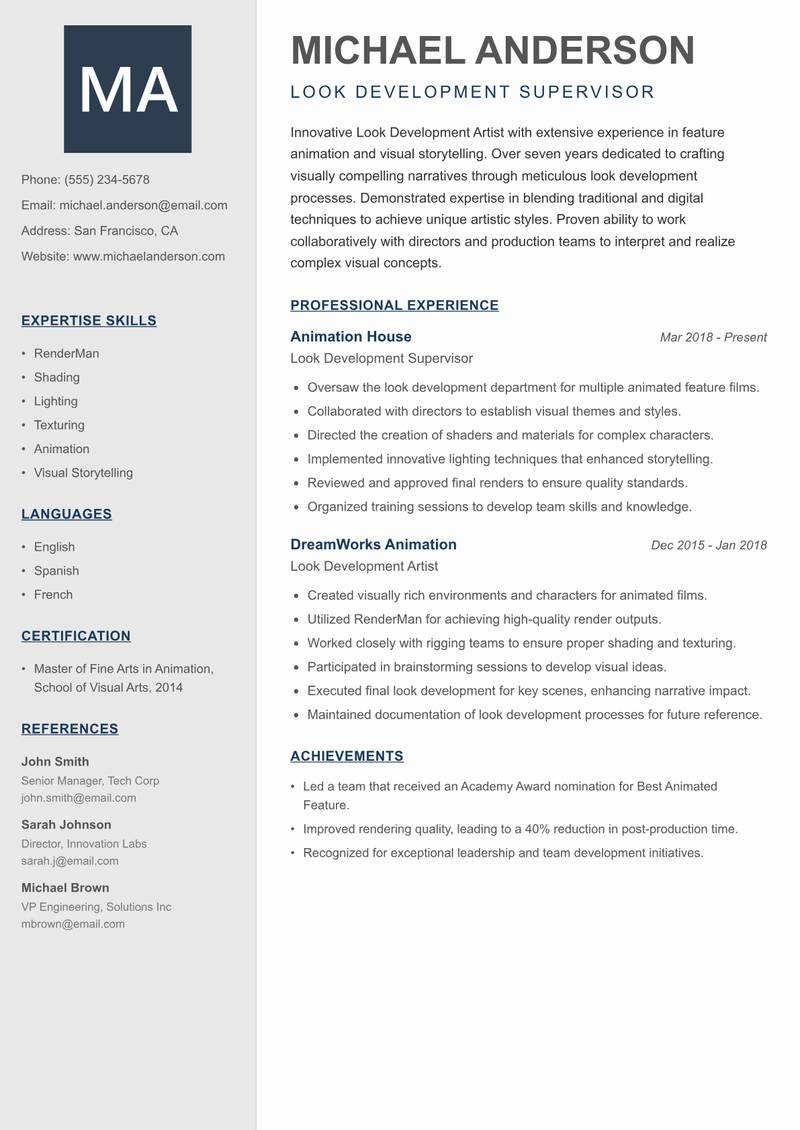 Look Development Artist Resume Preview Example