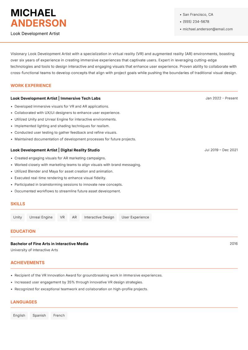 Look Development Artist Resume Template