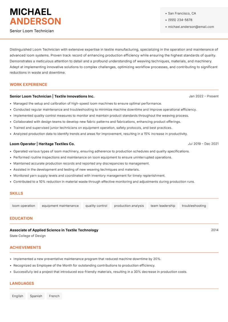 Loom Technician Resume Template