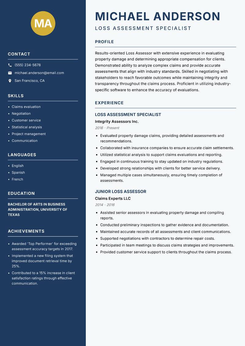 Loss Assessor Resume Preview Example
