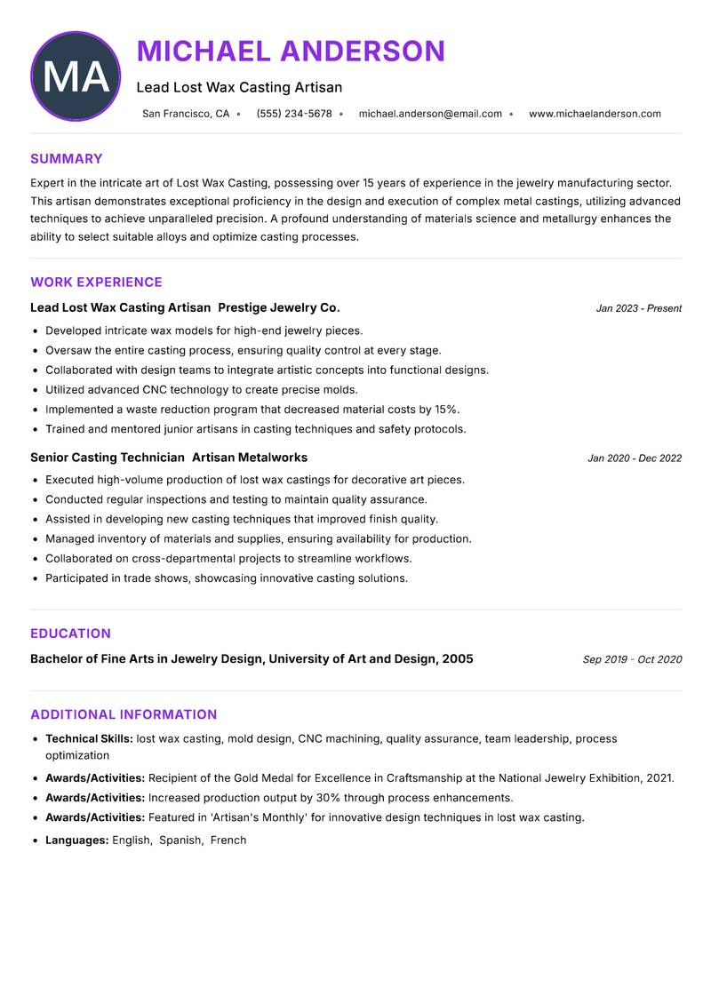 Lost Wax Casting Artisan Resume Preview Example