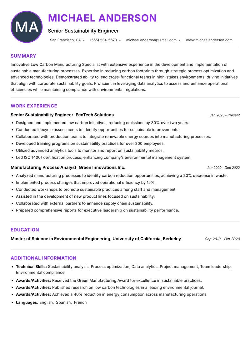 Low Carbon Manufacturing Specialist Resume Preview Example