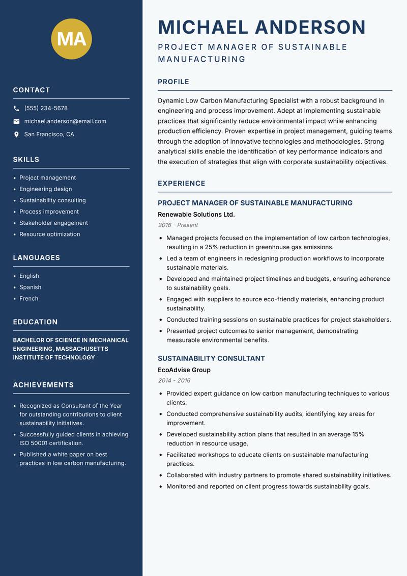 Low Carbon Manufacturing Specialist Resume Preview Example
