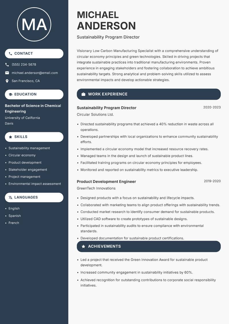 Low Carbon Manufacturing Specialist Resume Preview Example