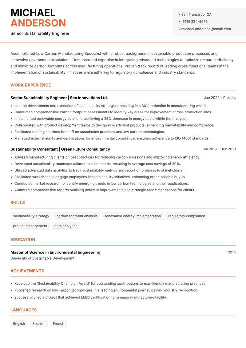 Low Carbon Manufacturing Specialist Resume Template