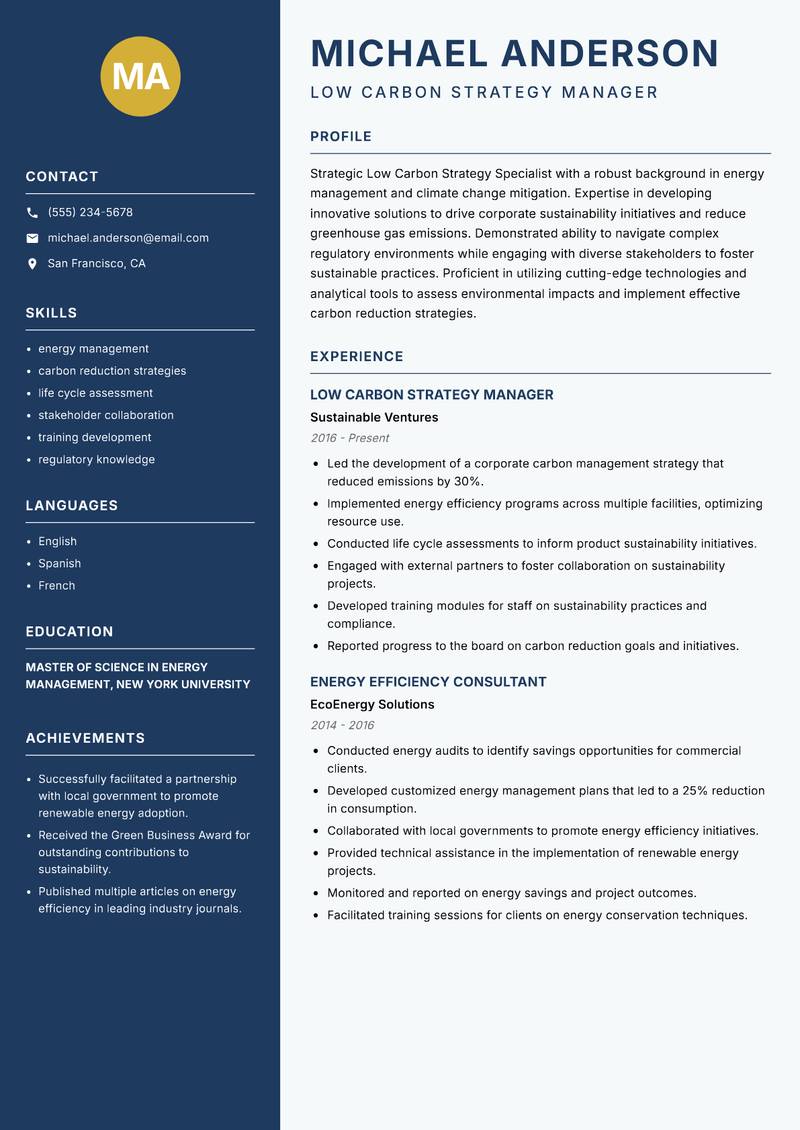 Low Carbon Strategy Specialist Resume Preview Example