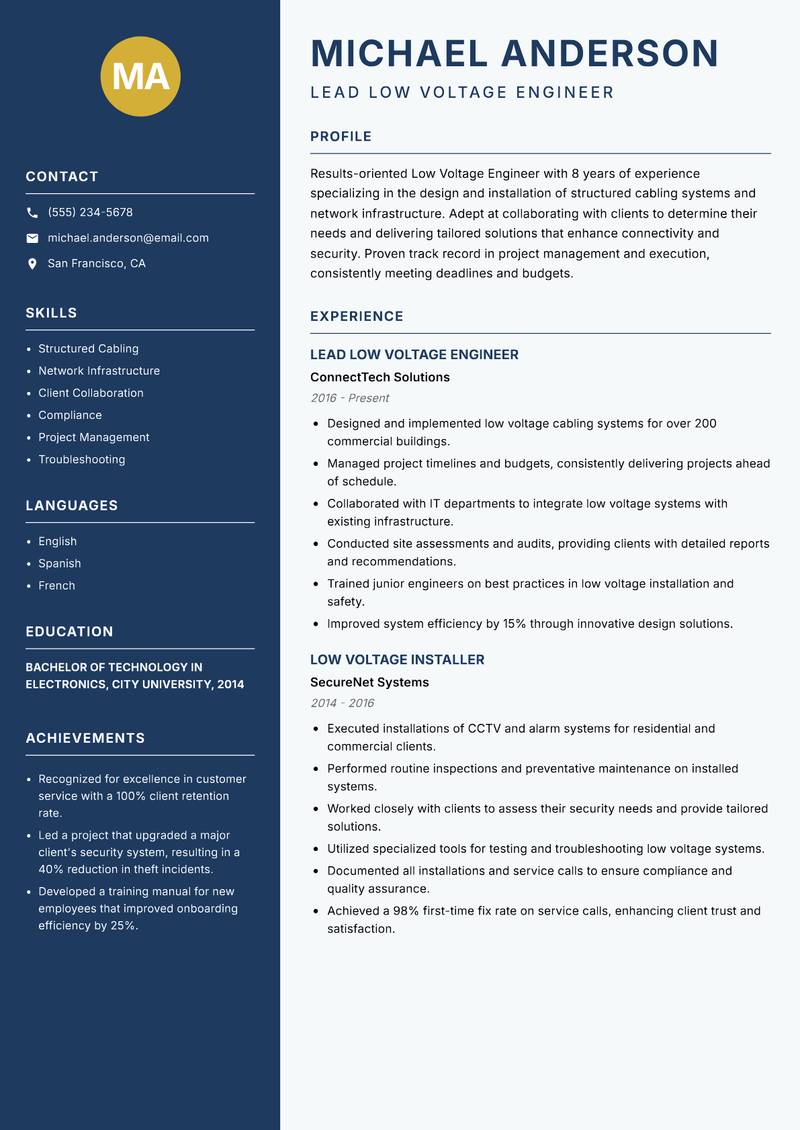 Low Voltage Engineer Resume Preview Example