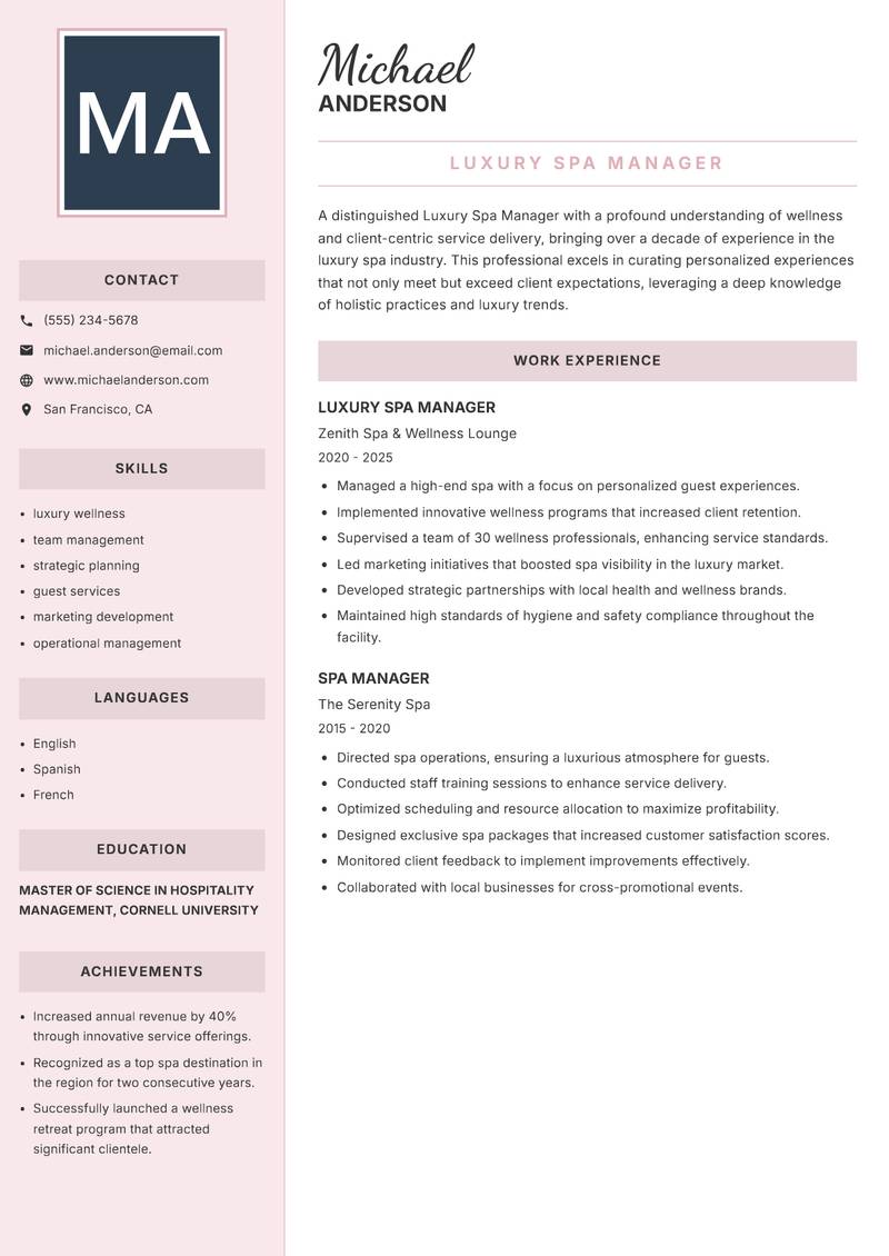 Luxury Spa Manager Resume Preview Example