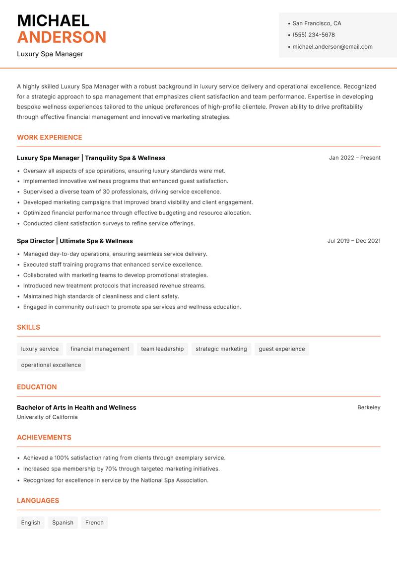 Luxury Spa Manager Resume Template