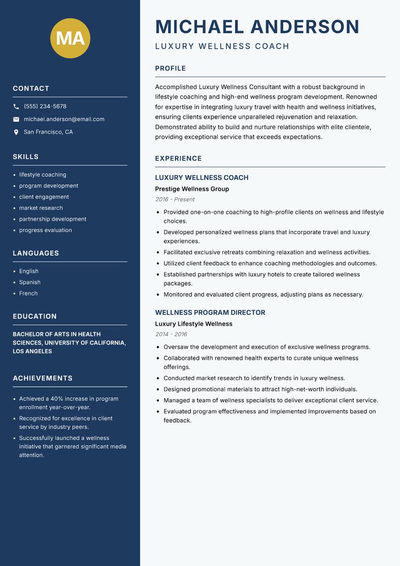 Luxury Wellness Consultant Resume Preview Example
