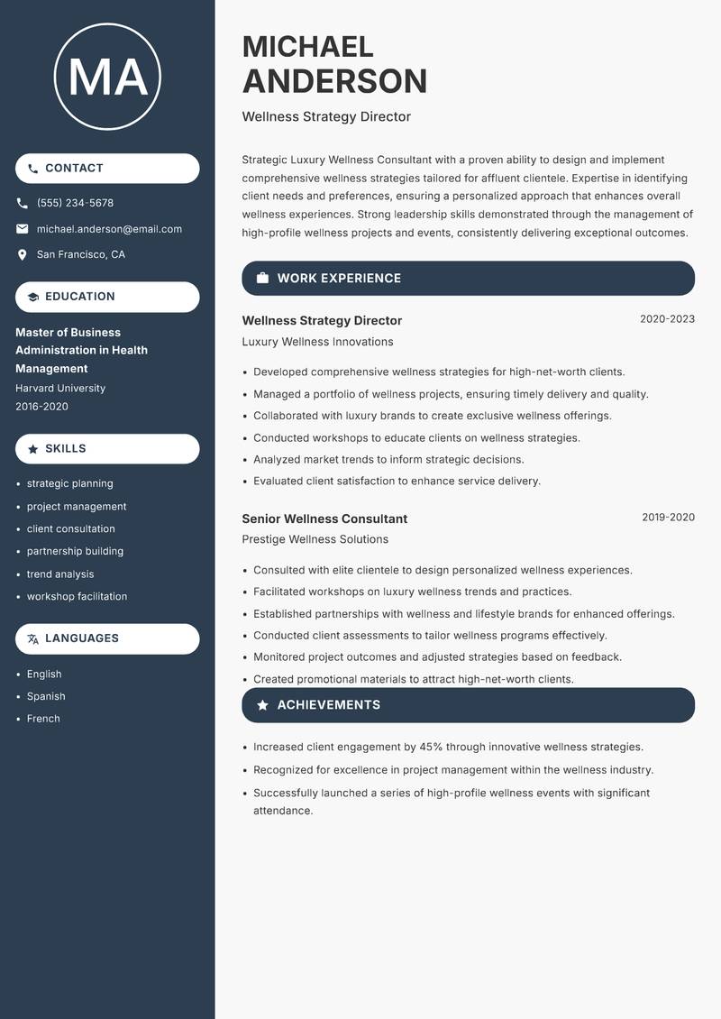 Luxury Wellness Consultant Resume Preview Example