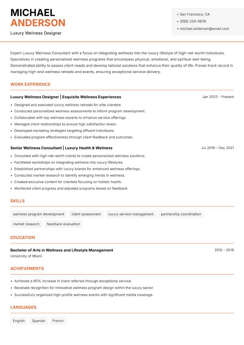 Luxury Wellness Consultant Resume Template