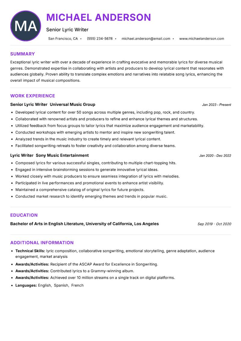 Lyric Writer Resume Preview Example