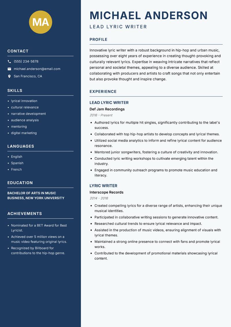 Lyric Writer Resume Preview Example