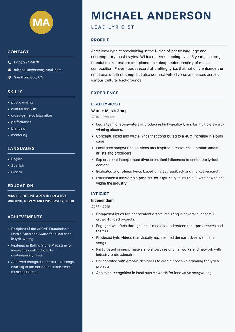 Lyricist Resume Preview Example