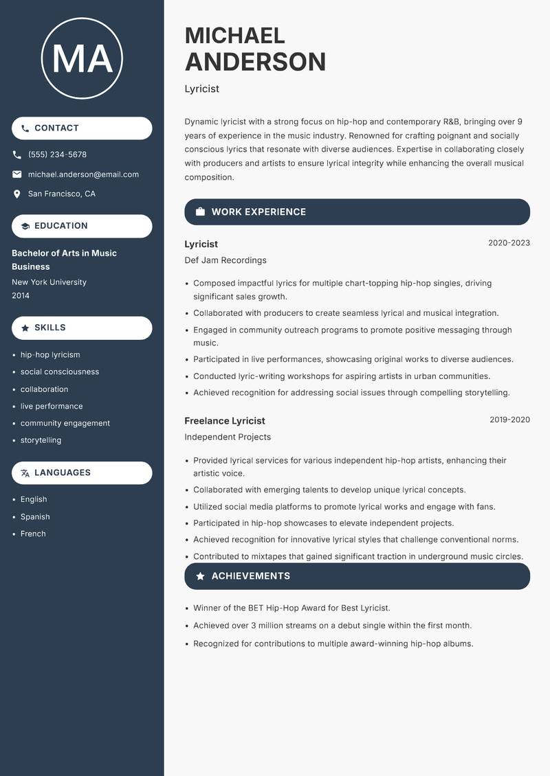 Lyricist Resume Preview Example