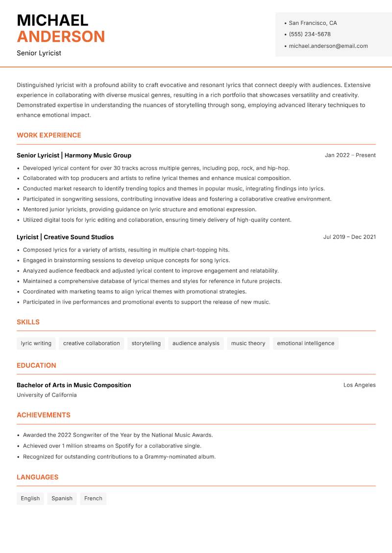 Lyricist Resume Template