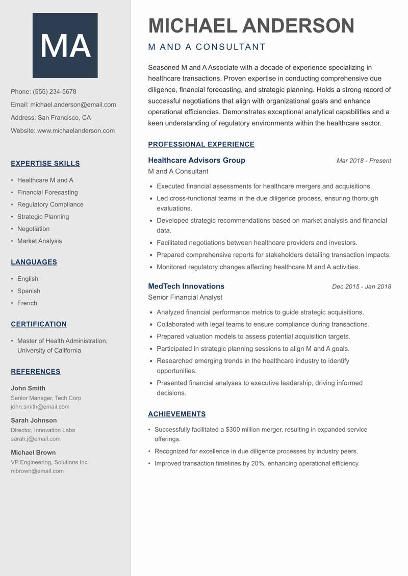 M and A Associate Resume Preview Example