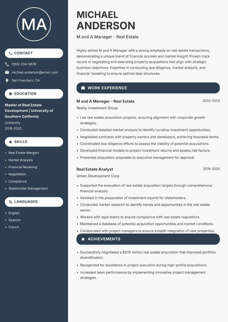 M and A Manager Resume Preview Example
