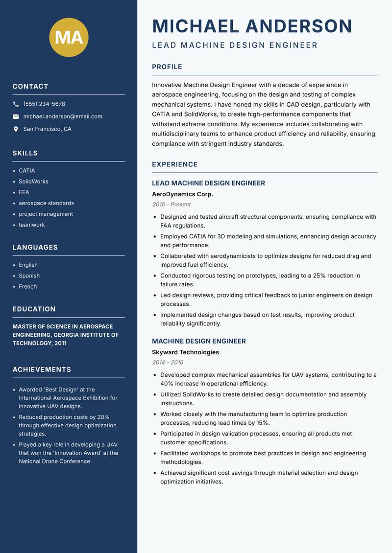 Machine Design Engineer Resume Preview Example