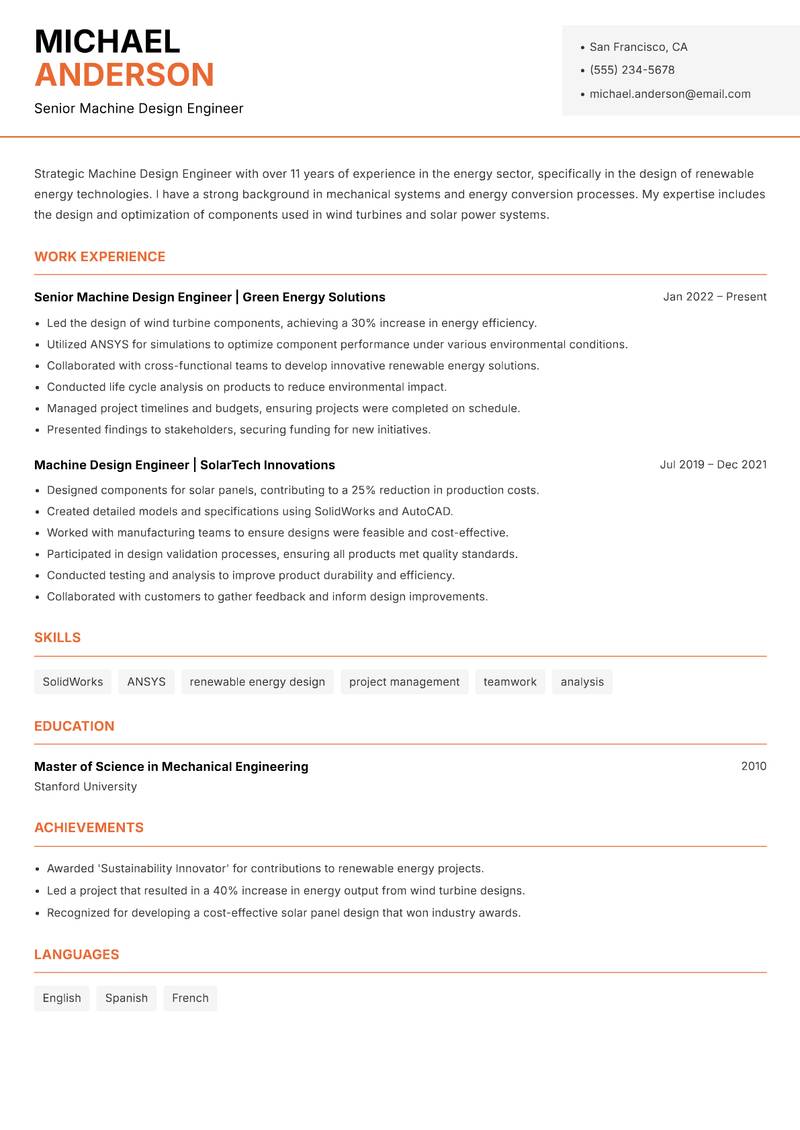 Machine Design Engineer Resume Template