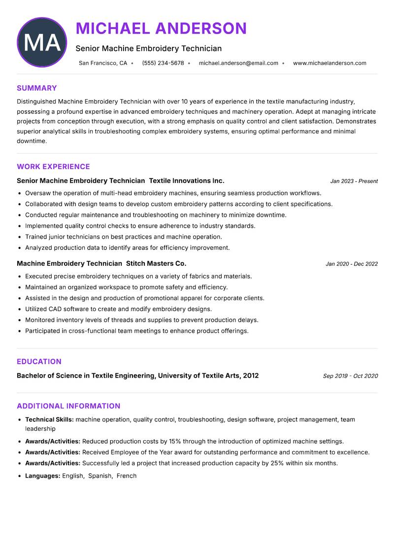 Machine Embroidery Technician Resume Preview Example