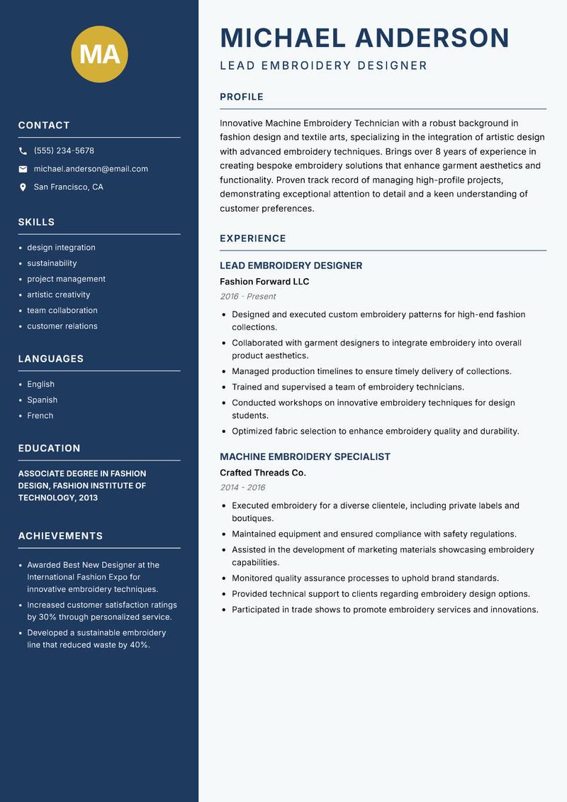Machine Embroidery Technician Resume Preview Example