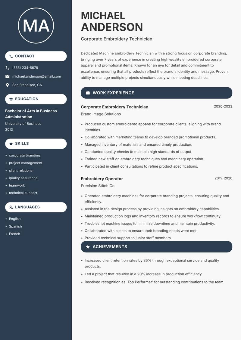 Machine Embroidery Technician Resume Preview Example