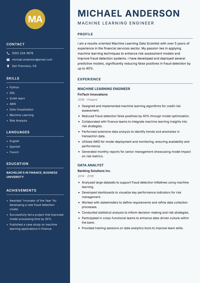 Machine Learning Data Scientist Resume Preview Example