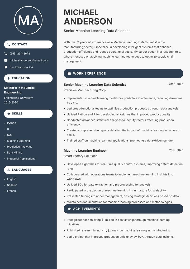 Machine Learning Data Scientist Resume Preview Example