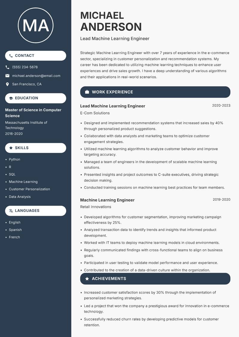 Machine Learning Engineer Resume Preview Example
