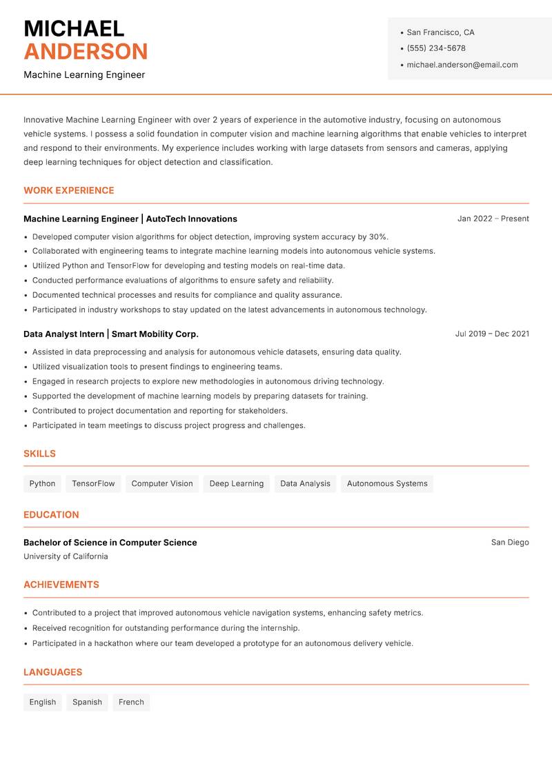 Machine Learning Engineer Resume Template