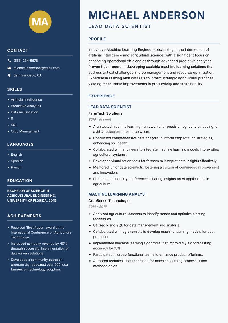 Machine Learning Engineer Agriculture Resume Preview Example