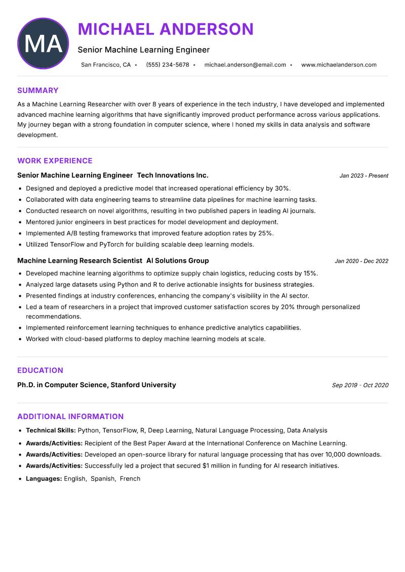 Machine Learning Researcher Resume Preview Example