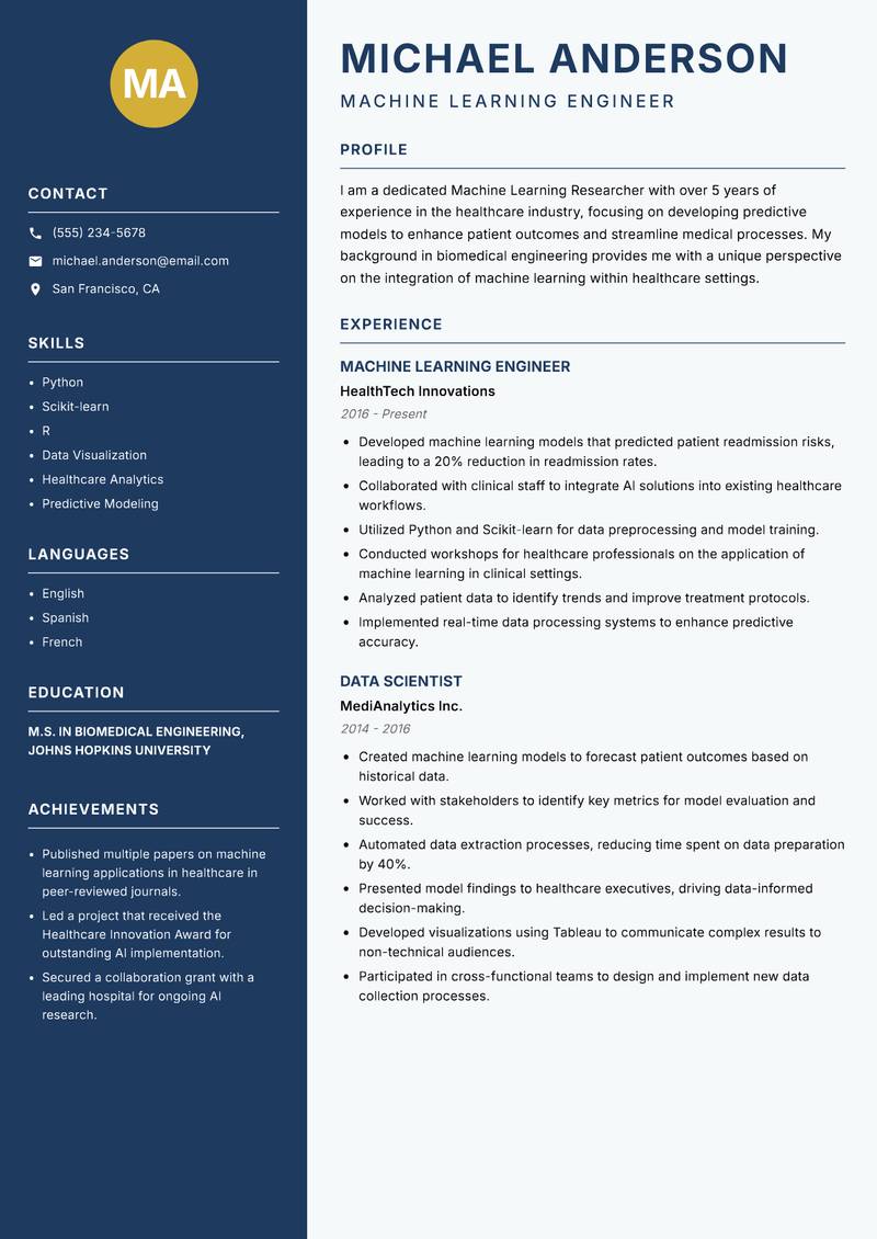Machine Learning Researcher Resume Preview Example