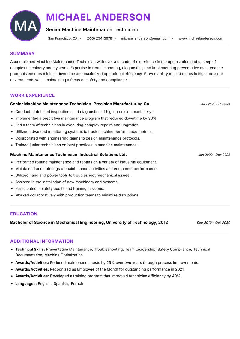Machine Maintenance Technician Resume Preview Example