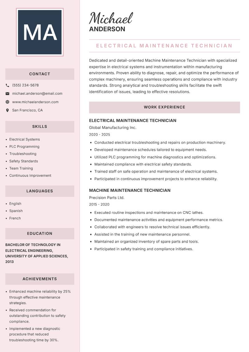 Machine Maintenance Technician Resume Preview Example