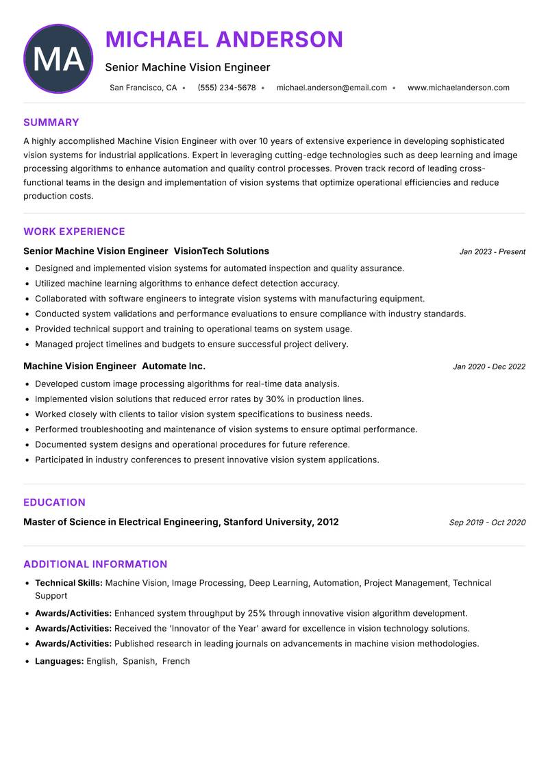 Machine Vision Engineer Resume Preview Example